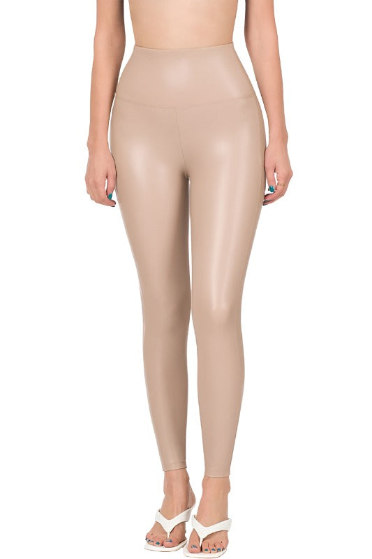 Women High Rise Faux Leather Leggings Activewear ZENANA ASH MOCHA M 