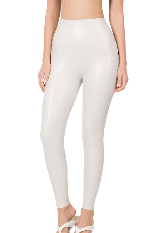 Women High Rise Faux Leather Leggings Activewear ZENANA BONE L 