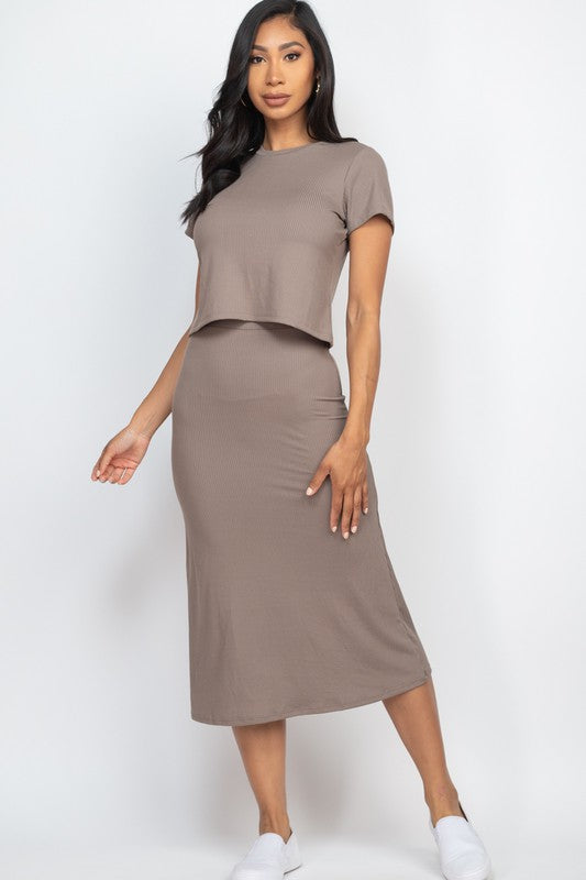 Ribbed Solid Top & Midi Skirt Set Women’s clothing Capella Taupe S 