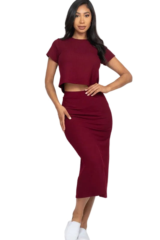 Ribbed Solid Top & Midi Skirt Set Women’s clothing Capella Burgundy S 