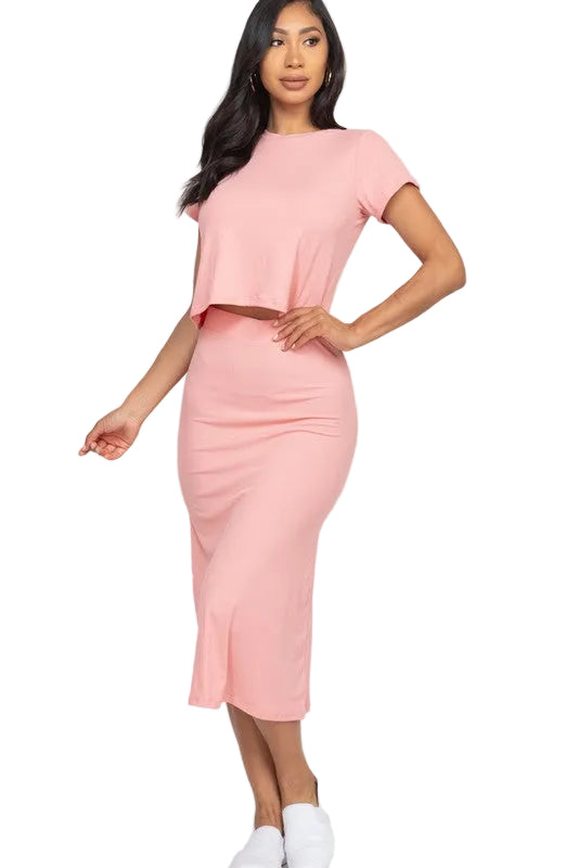 Ribbed Solid Top & Midi Skirt Set Women’s clothing Capella Blush S 