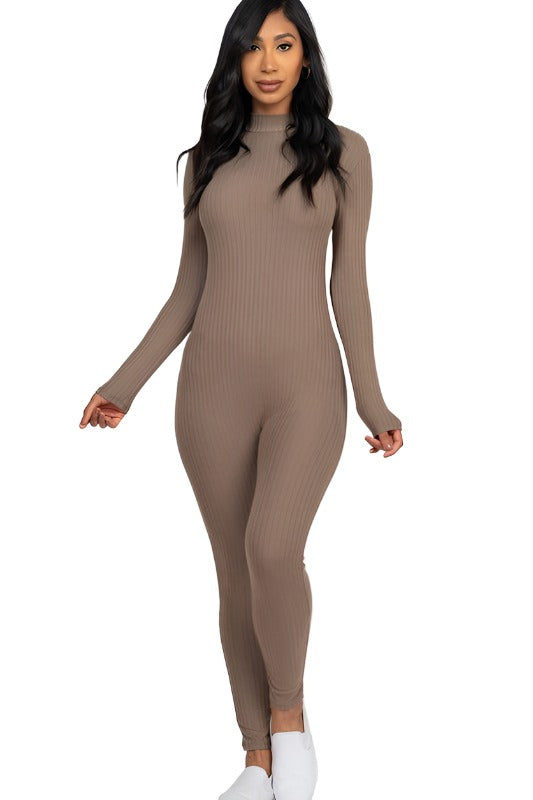 Women's beautiful Ribbed Mock Neck Long Sleeve Casual Jumpsuit Activewear Capella   