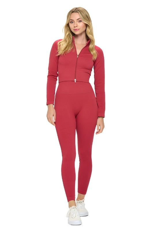 Beautiful women’s 2 Piece Ribbed Seamless Long Sleeve Zip Jacket set Women’s clothing OTOS Active Wine Red S 