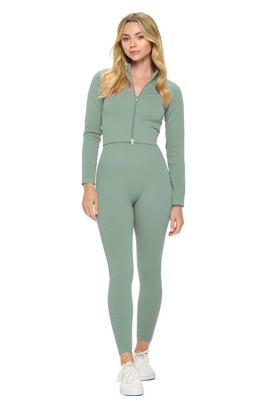 Beautiful women’s 2 Piece Ribbed Seamless Long Sleeve Zip Jacket set Women’s clothing OTOS Active Khaki S 