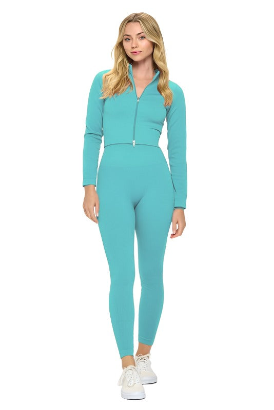 Beautiful women’s 2 Piece Ribbed Seamless Long Sleeve Zip Jacket set Women’s clothing OTOS Active Sky Blue S 