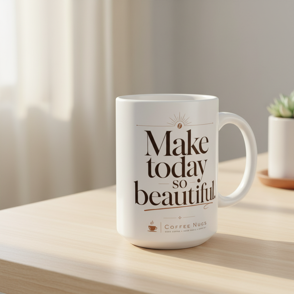 "Make Today So Beautiful" — The 15oz Inspirational Morning Mug – 45 degree lifestyle angle