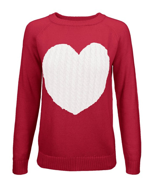 Women's Love Heart Jacquard Round Neck Pullover Sweater Women’s clothing Mak Red/Ivory S 