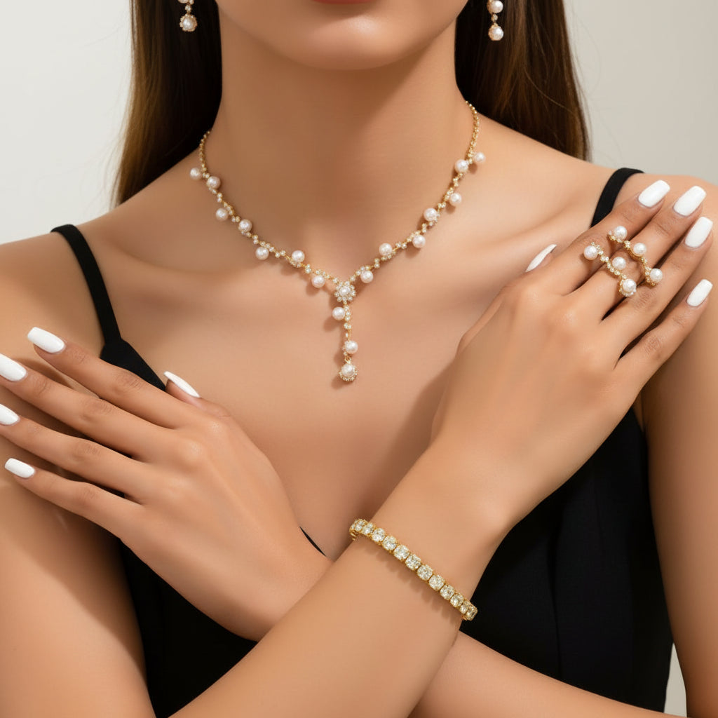 Gold pearl jewelry set - necklace and bracelet worn lifestyle