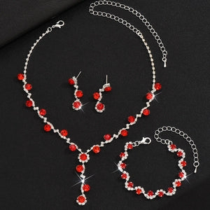 Red rhinestone jewelry set - necklace, bracelet and earrings