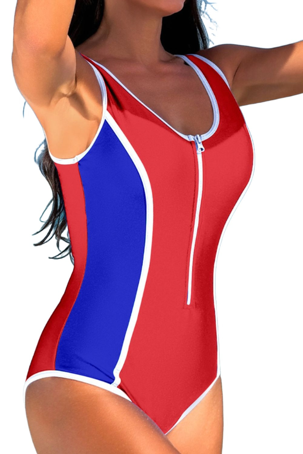Women Color Block Zip Up One-Piece Swimwear Swimwear Trendsi Red S 