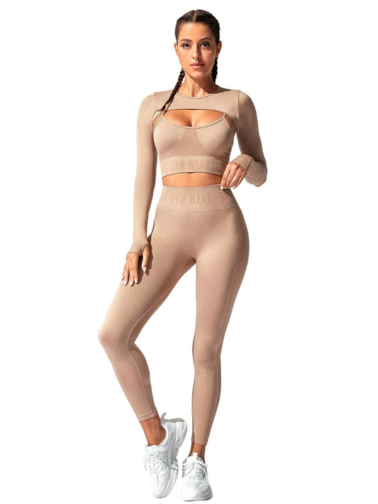 Women GYM WEAR Shrug, Cami, and Leggings Active Set Activewear Trendsi Tan S 