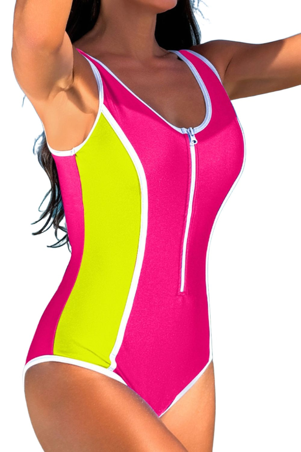 Women Color Block Zip Up One-Piece Swimwear Swimwear Trendsi Lemon S 